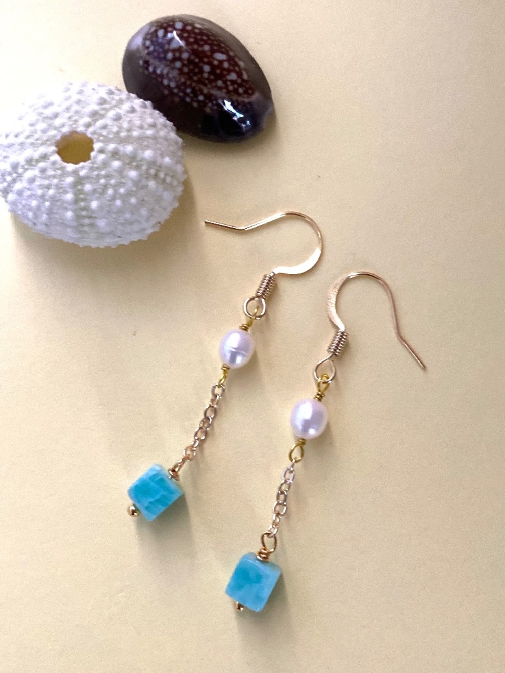 Handmade Amazonite Chain Earrings with Freshwater Pearl